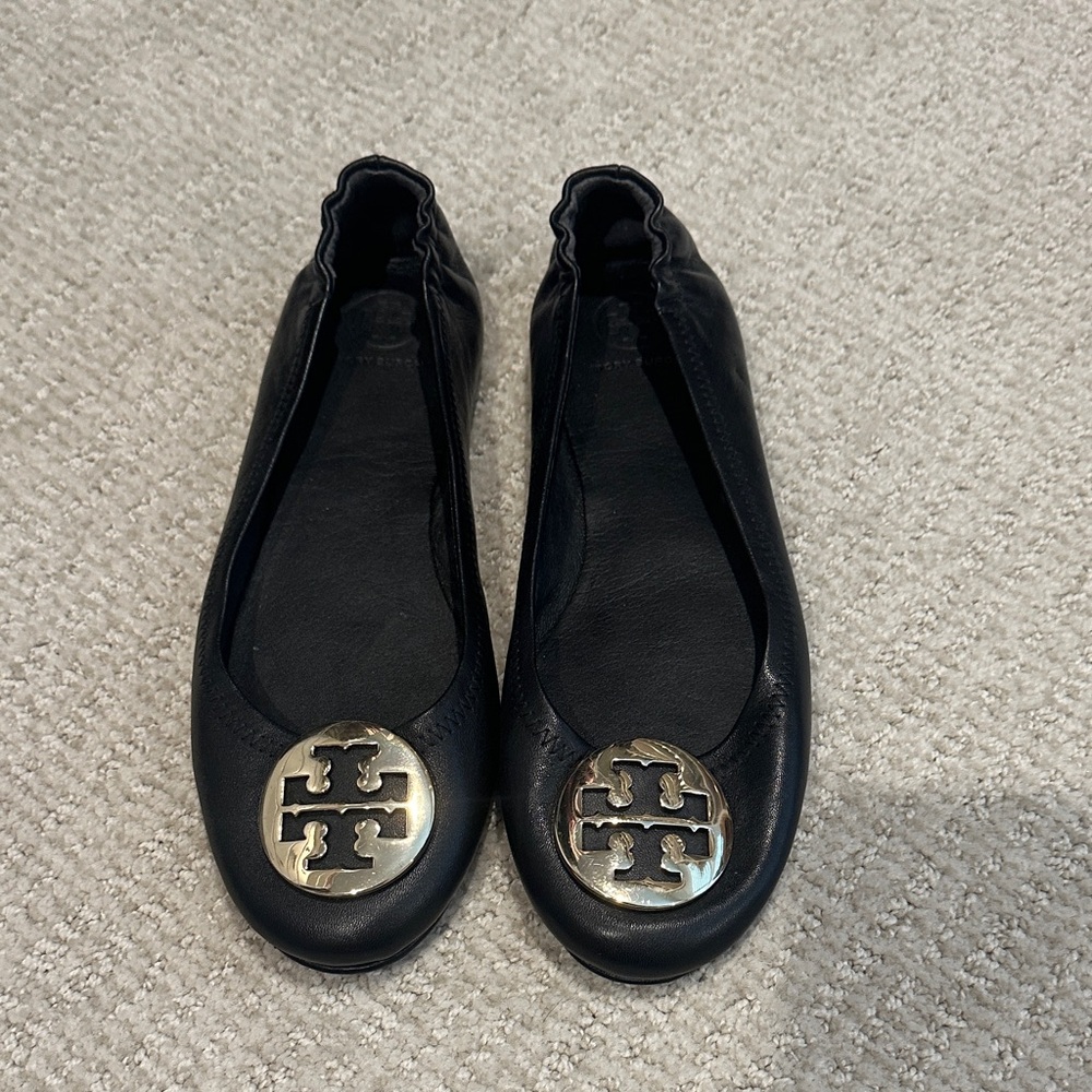 Tory Burch Black Leather Flats with Gold Emblem